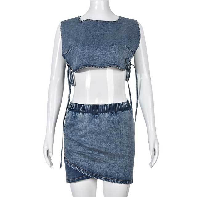 Denim Tied Top Skirt Set