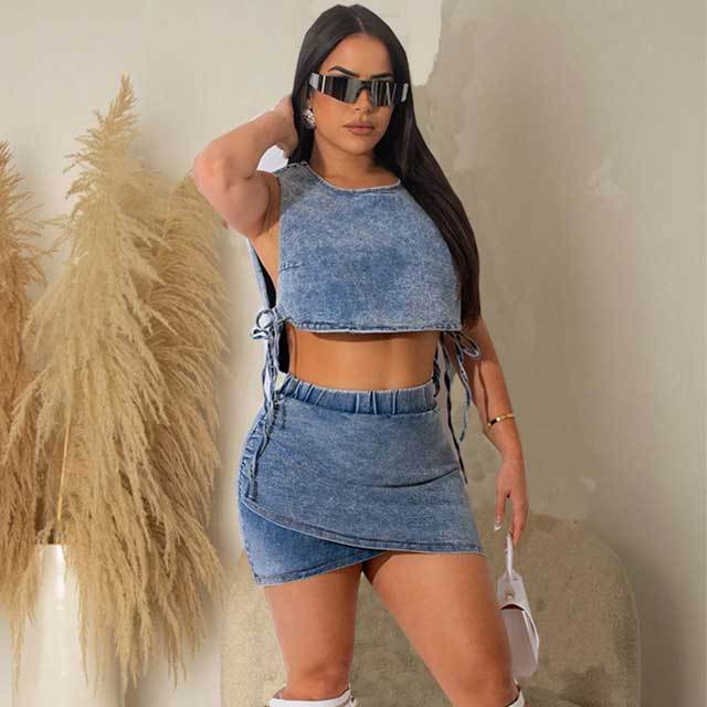 Denim Tied Top Skirt Set