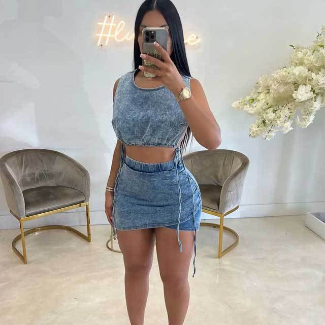 Denim Tied Top Skirt Set