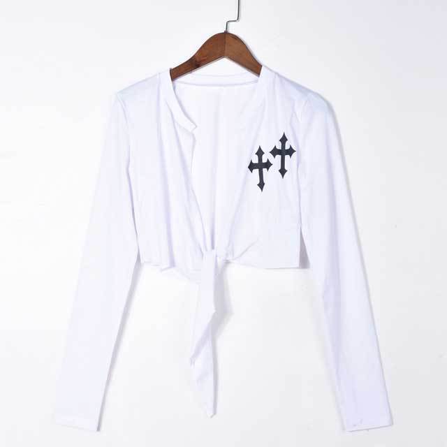 Cross Print Tied Long Sleeve Tees