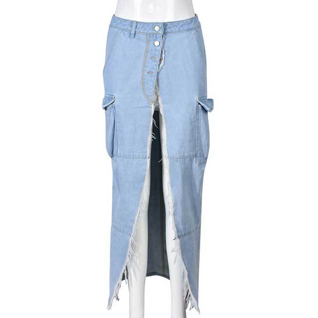 High Waist Denim Slit Maxi Skirt