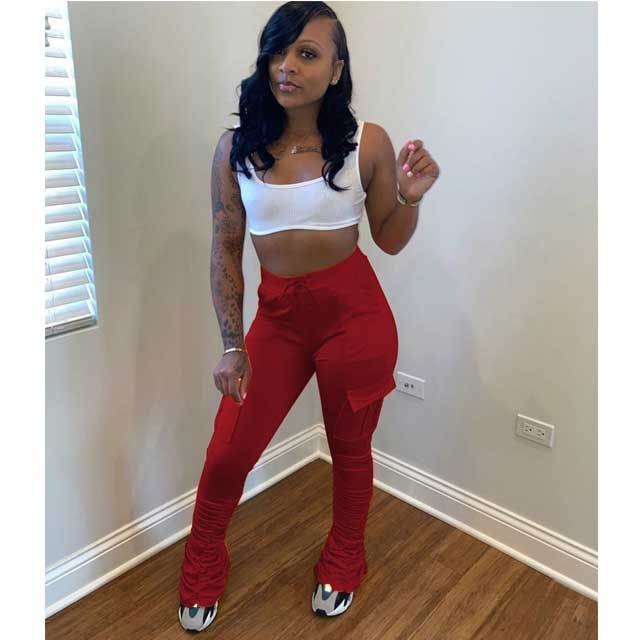 Drawstring Stacked Pants With Pocket