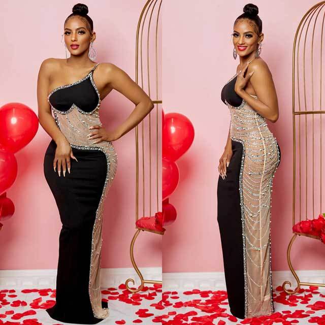 Pearl Rhinestones Single Shoulder Slit Maxi Dress