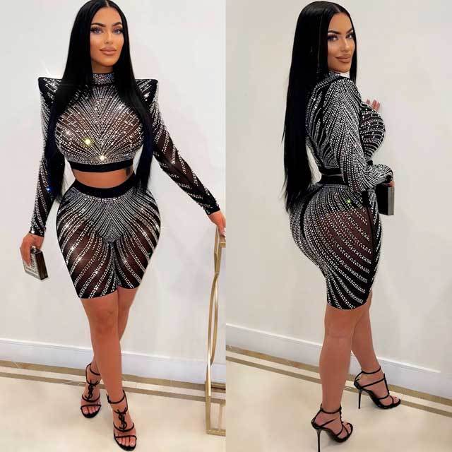 Mesh Rhinestones Short Set