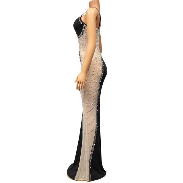Pearl Rhinestones Single Shoulder Slit Maxi Dress
