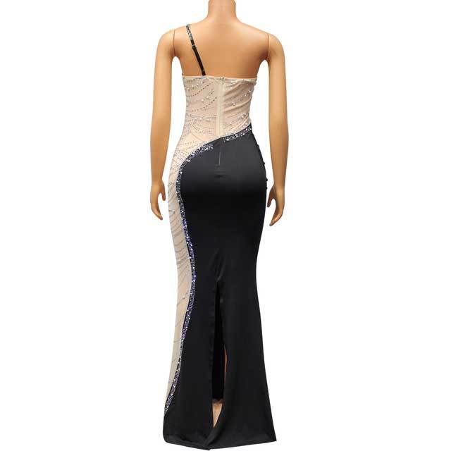 Pearl Rhinestones Single Shoulder Slit Maxi Dress