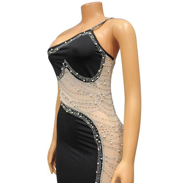 Pearl Rhinestones Single Shoulder Slit Maxi Dress