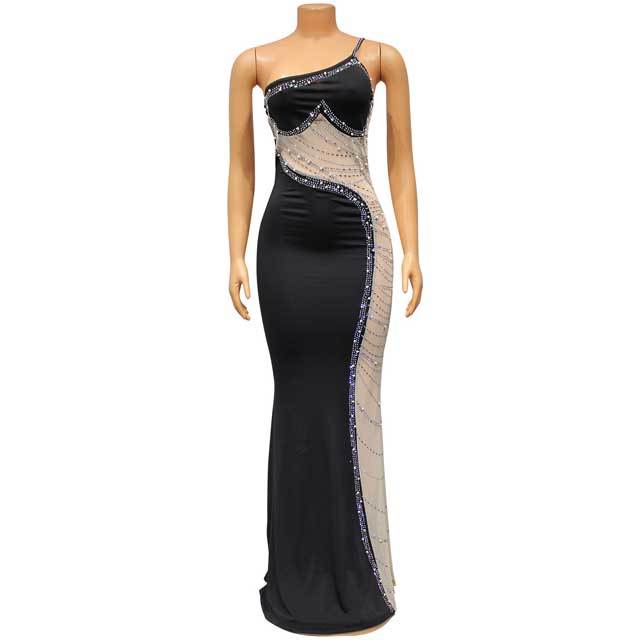 Pearl Rhinestones Single Shoulder Slit Maxi Dress