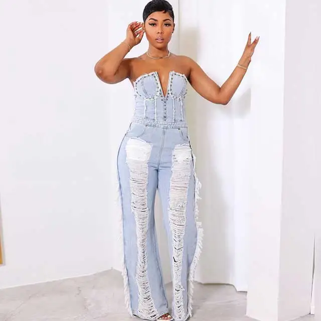 Wash Denim Ripped Fringe Jumpsuit