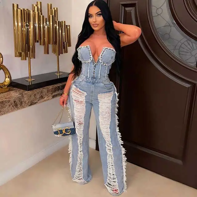 Wash Denim Ripped Fringe Jumpsuit