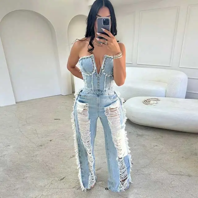 Wash Denim Ripped Fringe Jumpsuit