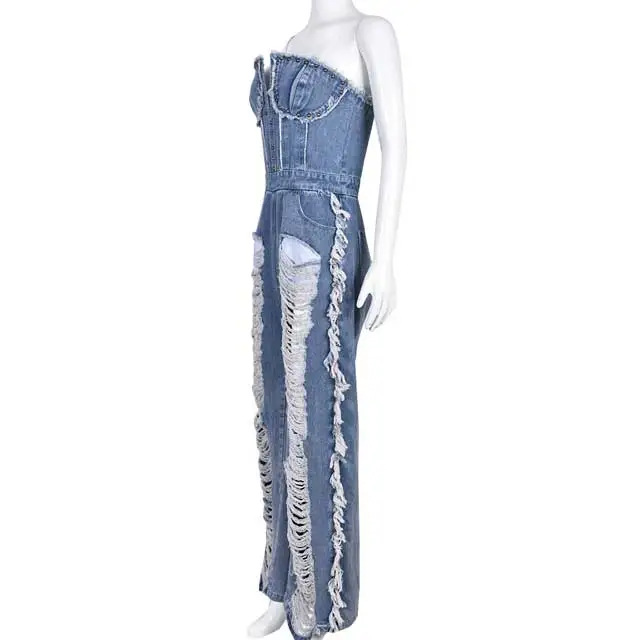 Wash Denim Ripped Fringe Jumpsuit