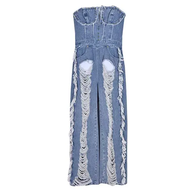 Wash Denim Ripped Fringe Jumpsuit