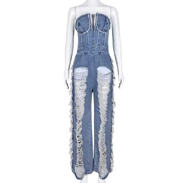 Wash Denim Ripped Fringe Jumpsuit