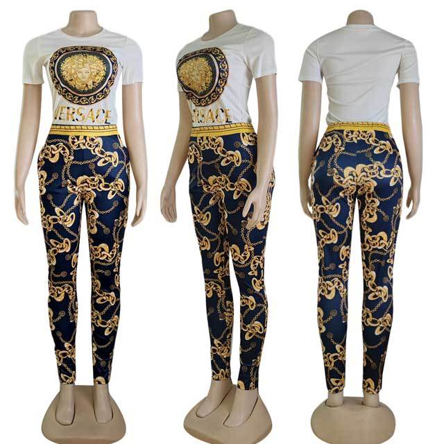 Short Sleeve Printed Casual Pants Suit