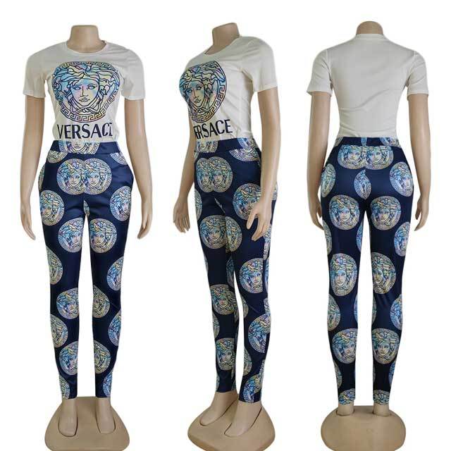 Short Sleeve Printed Casual Pants Suit