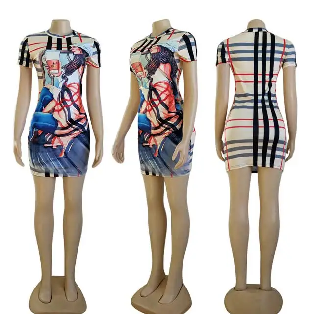 Printed Short Sleeve Mini Bodycon Dress