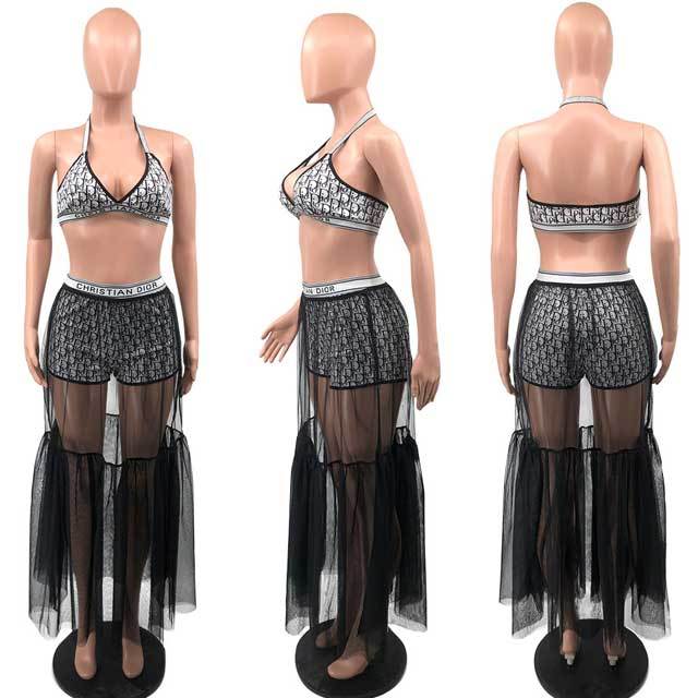Letter Print Bikini Swimsuit With Mesh Skirt Set