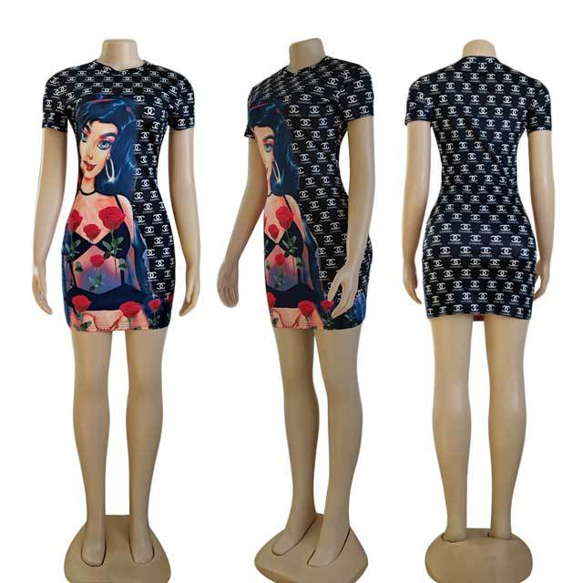 Printed Short Sleeve Mini Bodycon Dress