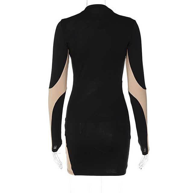 Hollow Out Color Block Long Sleeve Dress