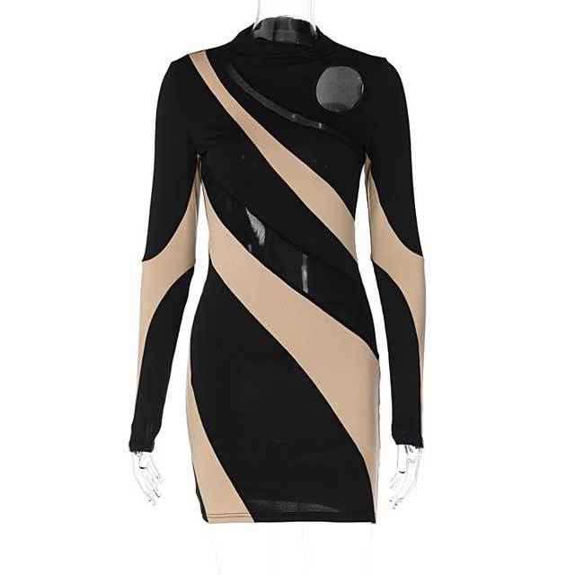 Hollow Out Color Block Long Sleeve Dress