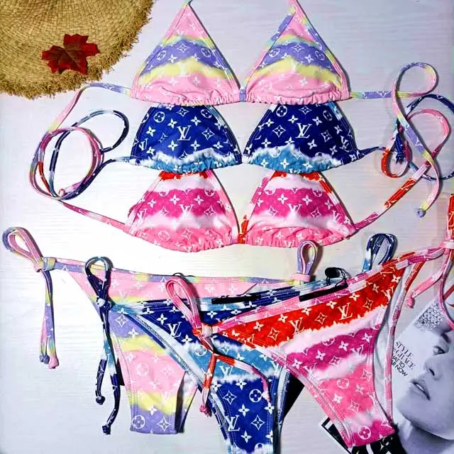 Color Block Letter Print Bikini Set