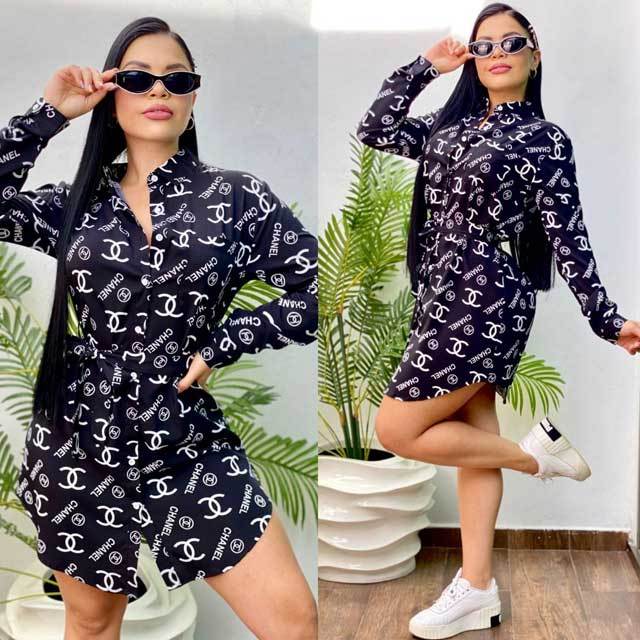 Chic Print Long Sleeve Shirt Dress