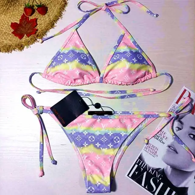 Color Block Letter Print Bikini Set