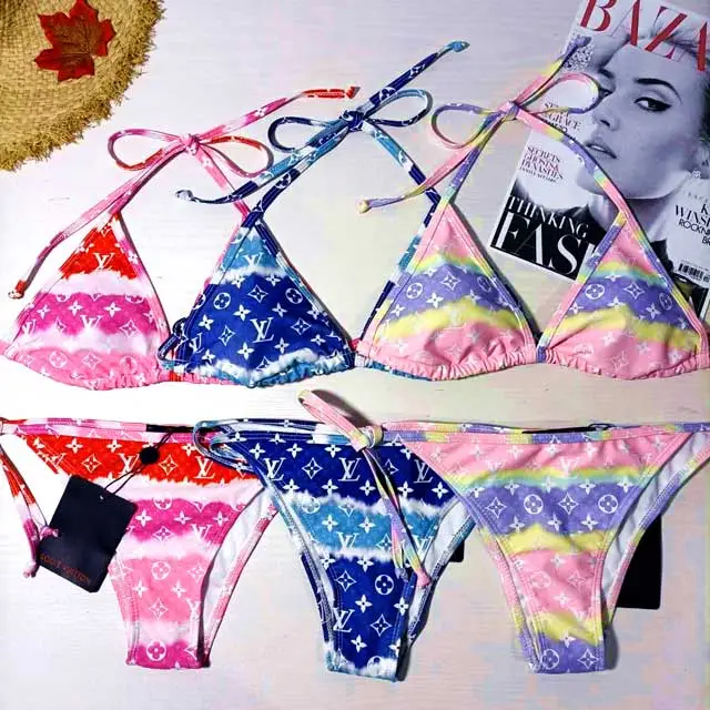 Color Block Letter Print Bikini Set