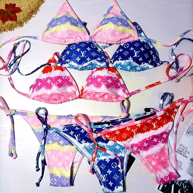 Color Block Letter Print Bikini Set