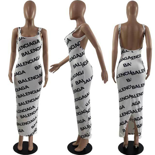 Printed Backless Slit Maxi Dress