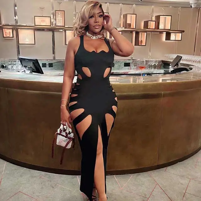 Long sleeve crewneck lace hollow out high slit maxi dress