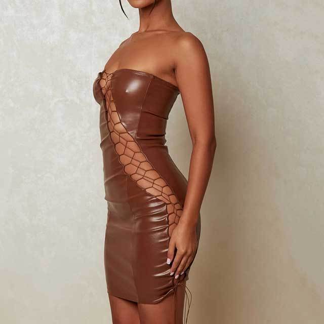 Off Shoulder Lace-Up Leather Bodycon Dress