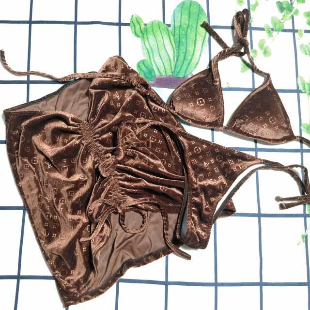 Letter Embossing Velvet 3 Piece Bikini Set