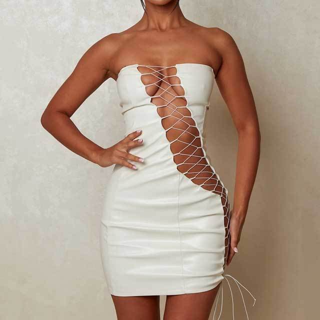 Off Shoulder Lace-Up Leather Bodycon Dress
