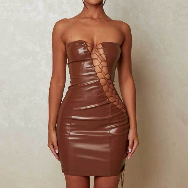 Off Shoulder Lace-Up Leather Bodycon Dress