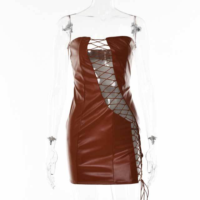 Off Shoulder Lace-Up Leather Bodycon Dress