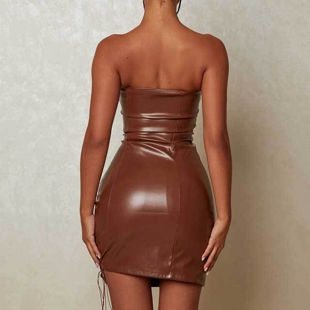 Off Shoulder Lace-Up Leather Bodycon Dress