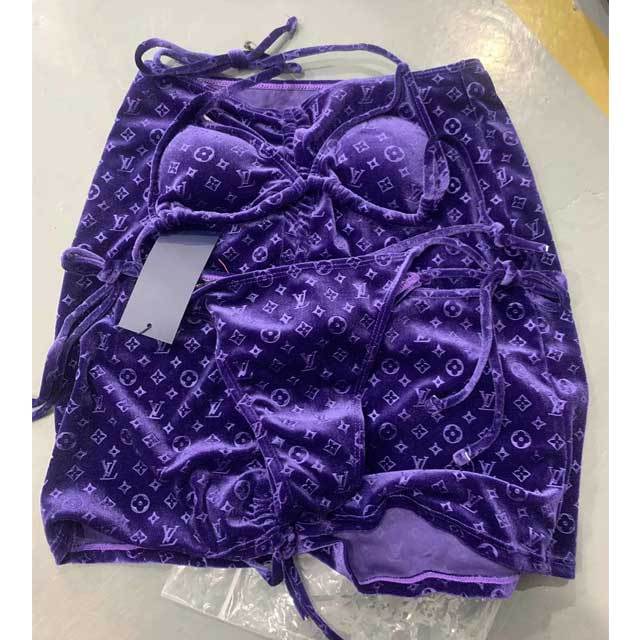 Letter Embossing Velvet 3 Piece Bikini Set