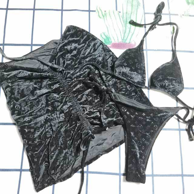 Letter Embossing Velvet 3 Piece Bikini Set