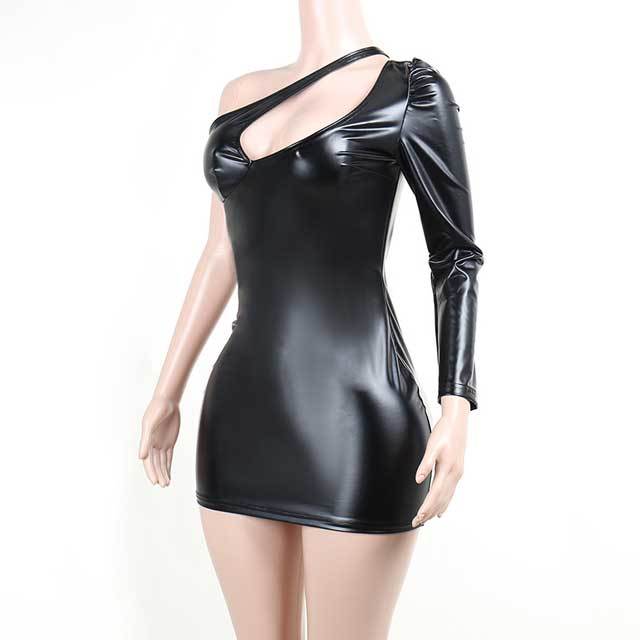 Leather Hollow Out Single Sleeve Dress