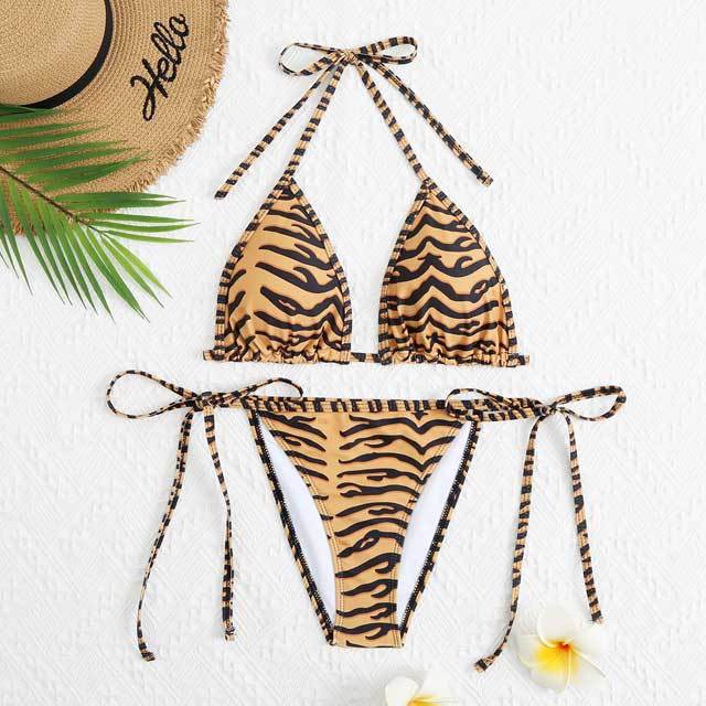 Zebra Print Strappy Bikini Swimsuit