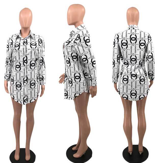 Pinted Long Sleeve Casual Shirt Dress