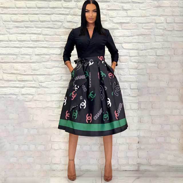 Fashion Print Swing Pleated Skirt