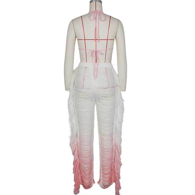 Strappy Bra Top Gradient Knit Fringe Pants Set