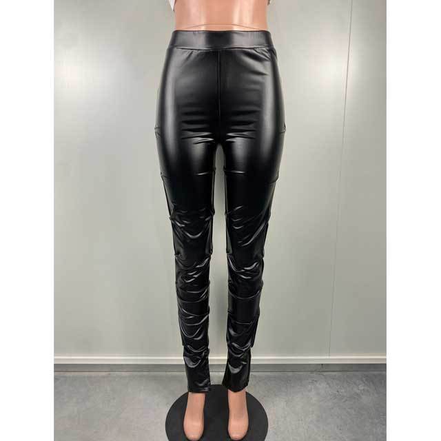 Ruched Detail Leather Slit Pants