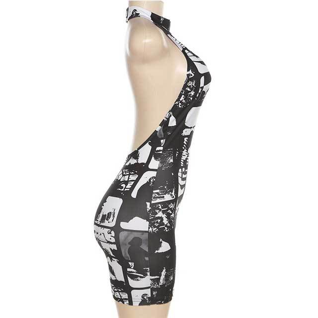 Backless Choker Graphic Bodycon Dress