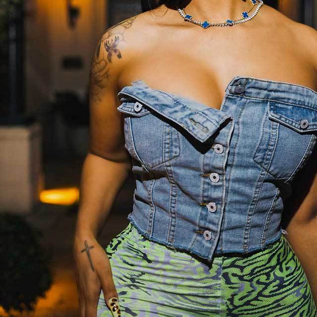 Button Denim Strapless Top