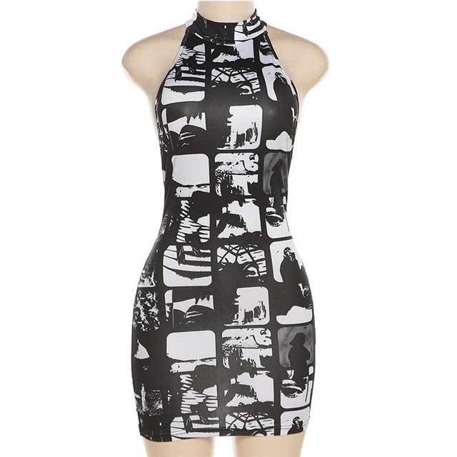 Backless Choker Graphic Bodycon Dress