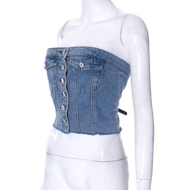 Button Denim Strapless Top